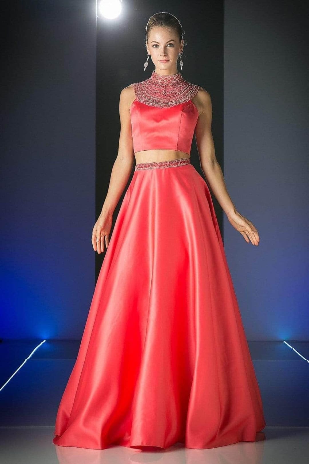 Ladivine CK67 - Beaded High Neck Two-Piece Long Gown - Prom