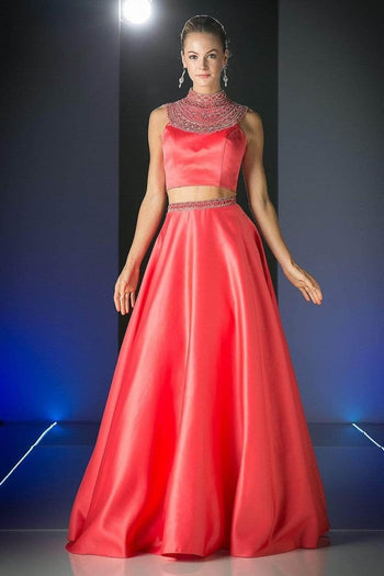 Ladivine CK67 - Beaded High Neck Two-Piece Long Gown - Prom