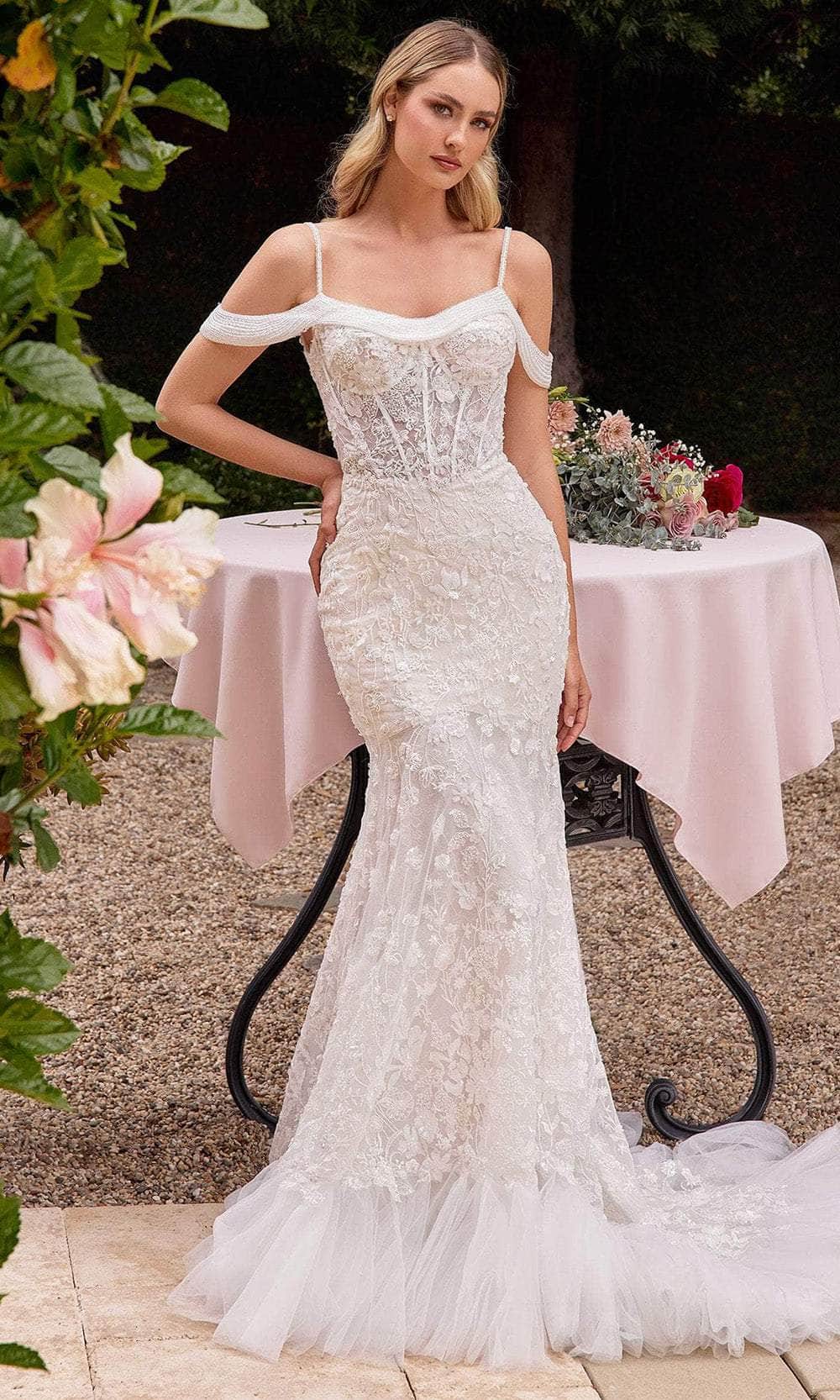 Ladivine CK703W - Cold Shoulder Embroidered Bridal Dress - Prom