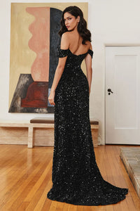 Ladivine CL03 Off Shoulder Sequin Side Slit Prom Sweetheart Long Gown - BLACK / 4 - Dress