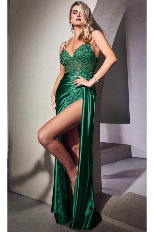 Ladivine CM318 - Deep V-Neck Satin Prom Gown - Prom