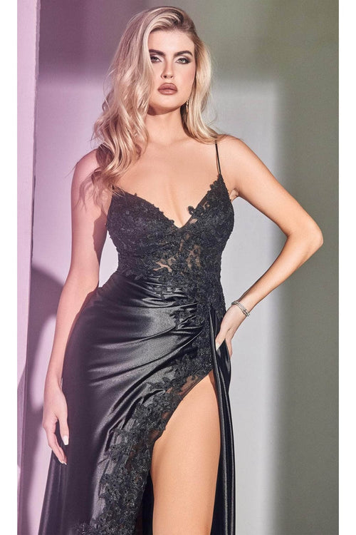 Ladivine CM318 - Deep V-Neck Satin Prom Gown - Prom