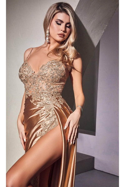 Ladivine CM318 - Deep V-Neck Satin Prom Gown - Prom