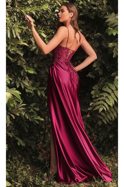 Ladivine CM318 - Deep V-Neck Satin Prom Gown - Prom