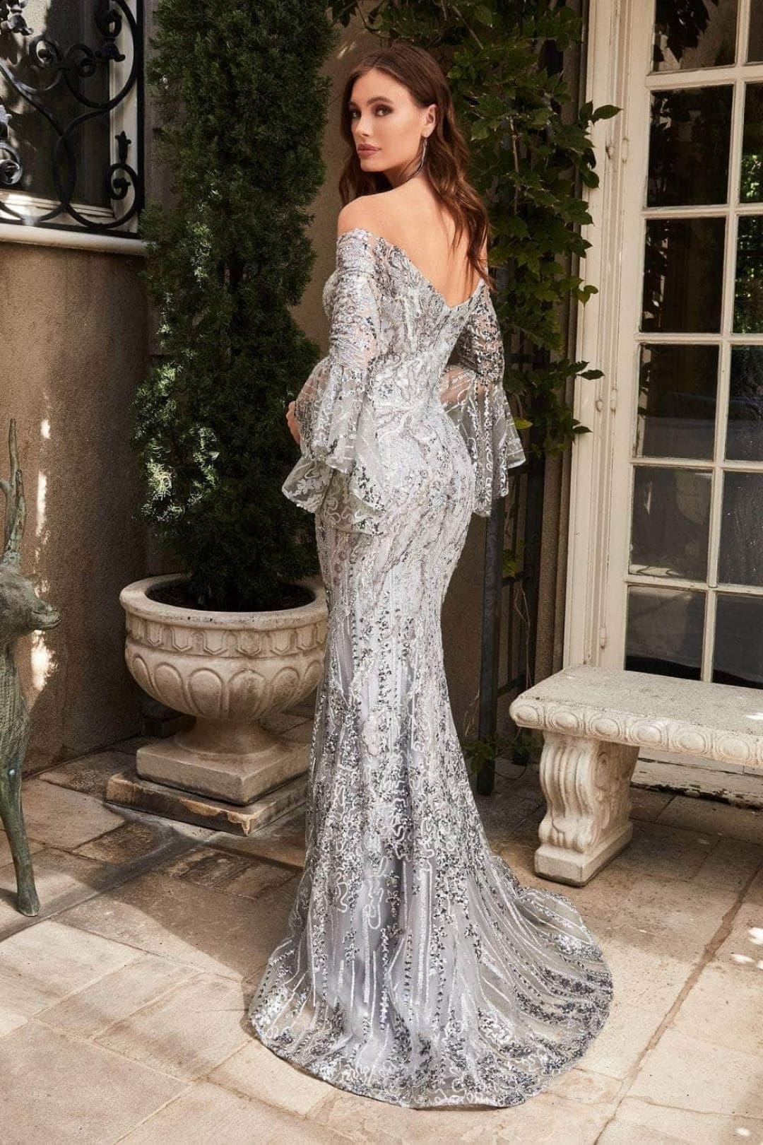 Ladivine CM319 - Long Sleeve Gown with Off-Shoulder Style - Prom