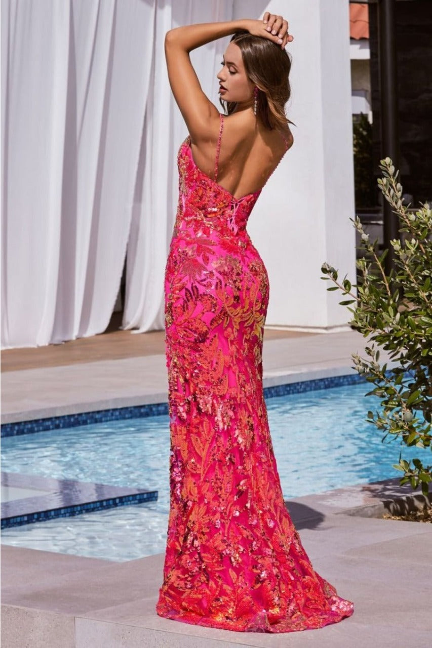 Ladivine CM350 Floral Print Sleeveless Prom Sequin Dress - Dress