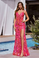 Ladivine CM350 Floral Print Sleeveless Prom Sequin Dress - HOT PINK / 2 - Dress
