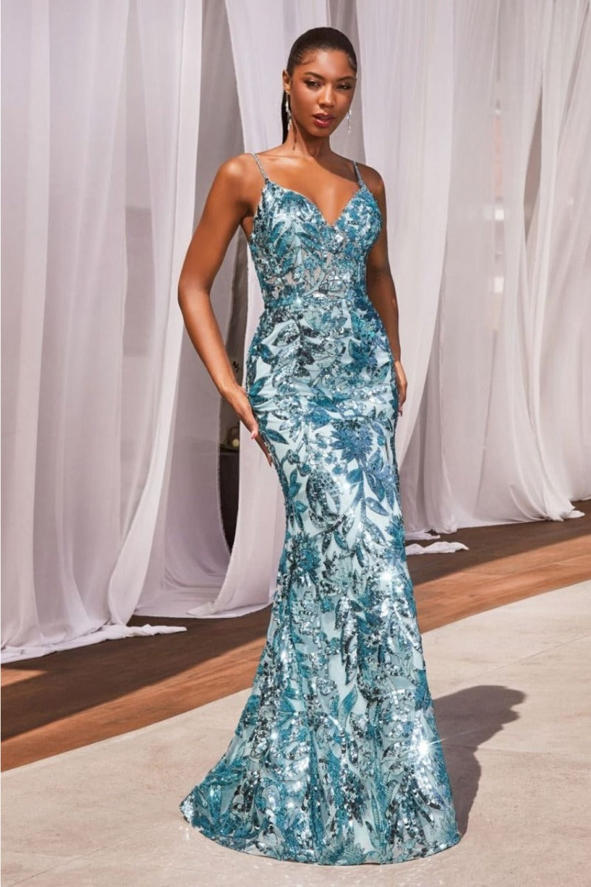 Ladivine CM350 Floral Print Sleeveless Prom Sequin Dress - SEA MIST / 2 - Dress