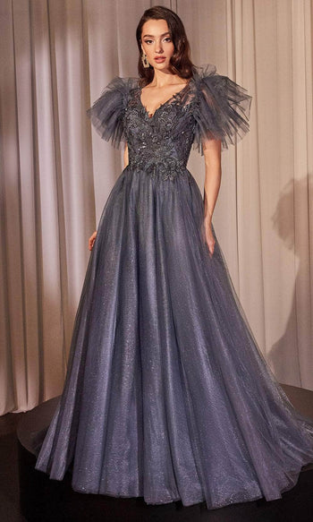 Ladivine CM359 Sheer Back Ruffled Sleeve Ballgown - Prom