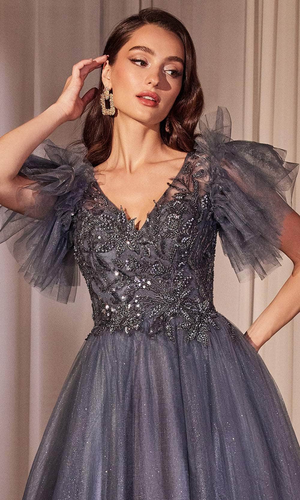 Ladivine CM359 Sheer Back Ruffled Sleeve Ballgown - Prom