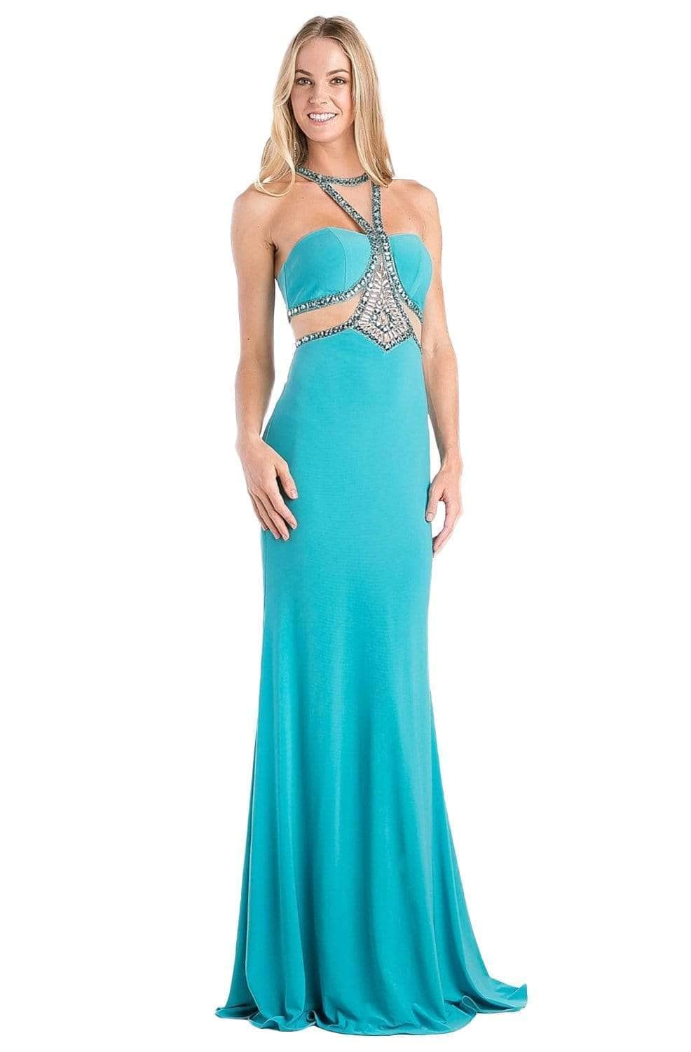 Ladivine CP812 - Embellished Sheer Midriff Sheath Gown - Prom