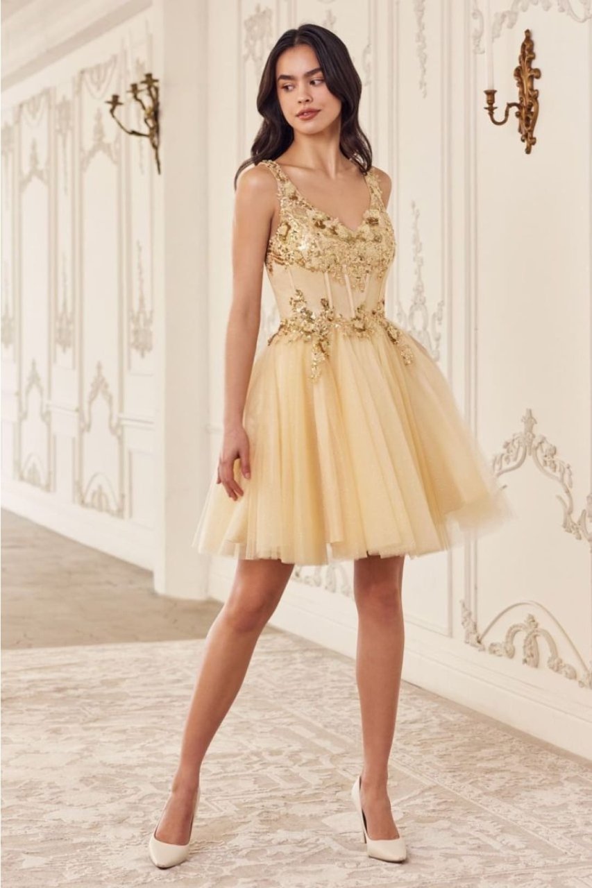 Ladivine CY019 V-Neck Lace Applique Glitter Homecoming Dress - Dress