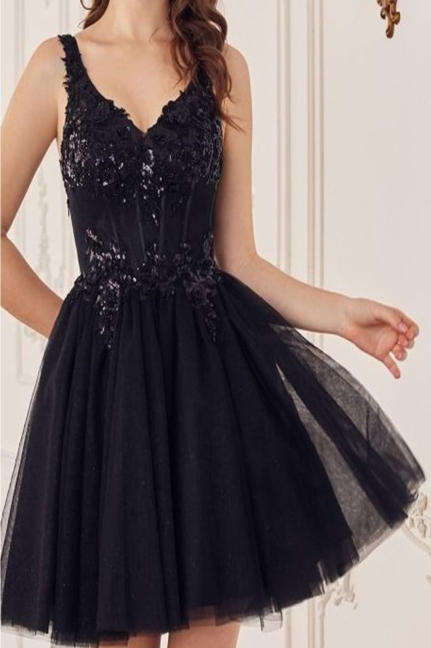 Ladivine CY019 V-Neck Lace Applique Glitter Homecoming Dress - Dress