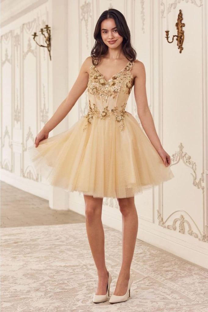 Ladivine CY019 V-Neck Lace Applique Glitter Homecoming Dress - CHAMPAGNE / XS - Dress