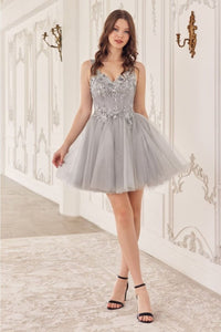 Ladivine CY019 V-Neck Lace Applique Glitter Homecoming Dress - SILVER / XS - Dress