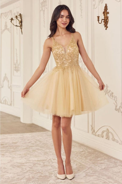 Ladivine CY022 Sleeveless Glitter Beaded Hoco Tulle Dress - CHAMPAGNE / XXS - Dress