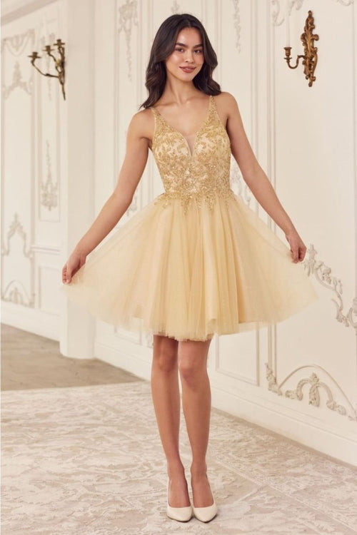 Ladivine CY022 Sleeveless Glitter Beaded Hoco Tulle Dress - CHAMPAGNE / XXS - Dress