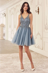 Ladivine CY022 Sleeveless Glitter Beaded Hoco Tulle Dress - SMOKY BLUE / XXS - Dress