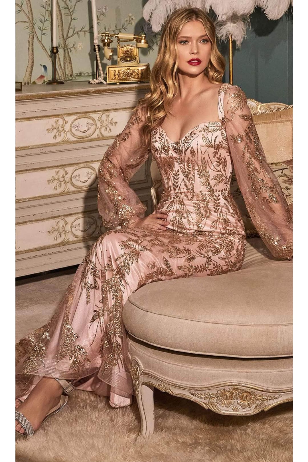 Ladivine J816 - Glitter Prom Dress with Long Sleeves - Prom