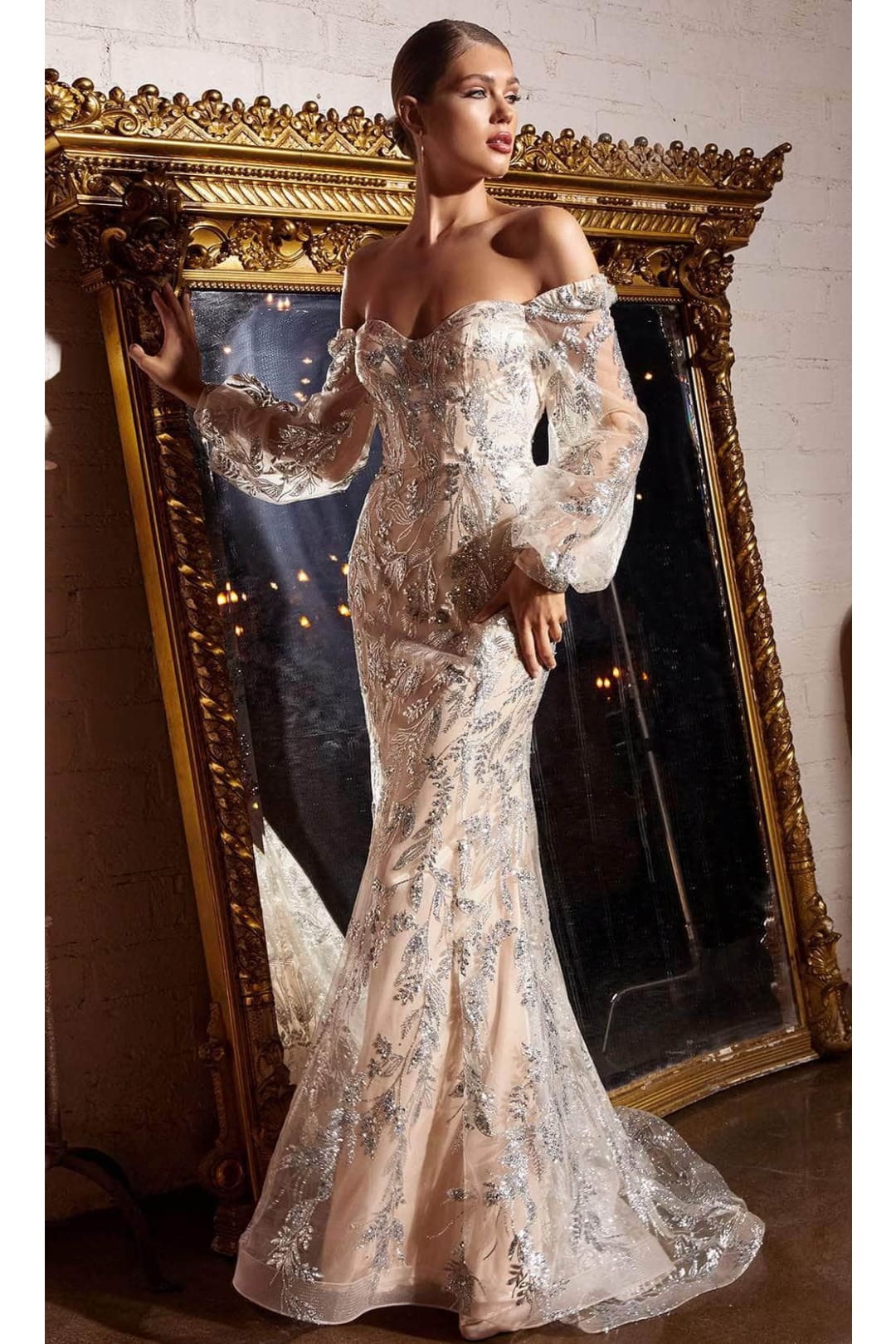 Ladivine J816 - Glitter Prom Dress with Long Sleeves - Prom