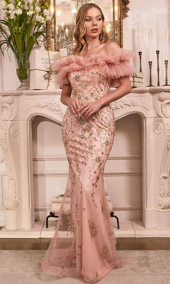 Ladivine J818 - Ruffled Tulle Gathered Prom Evening Gown - Prom