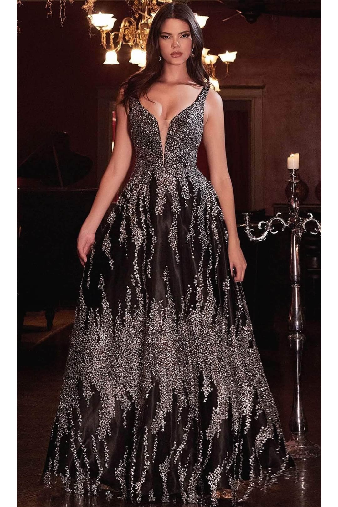 Ladivine J819 - Glitter Floral Ball Gown Evening Dress - Prom