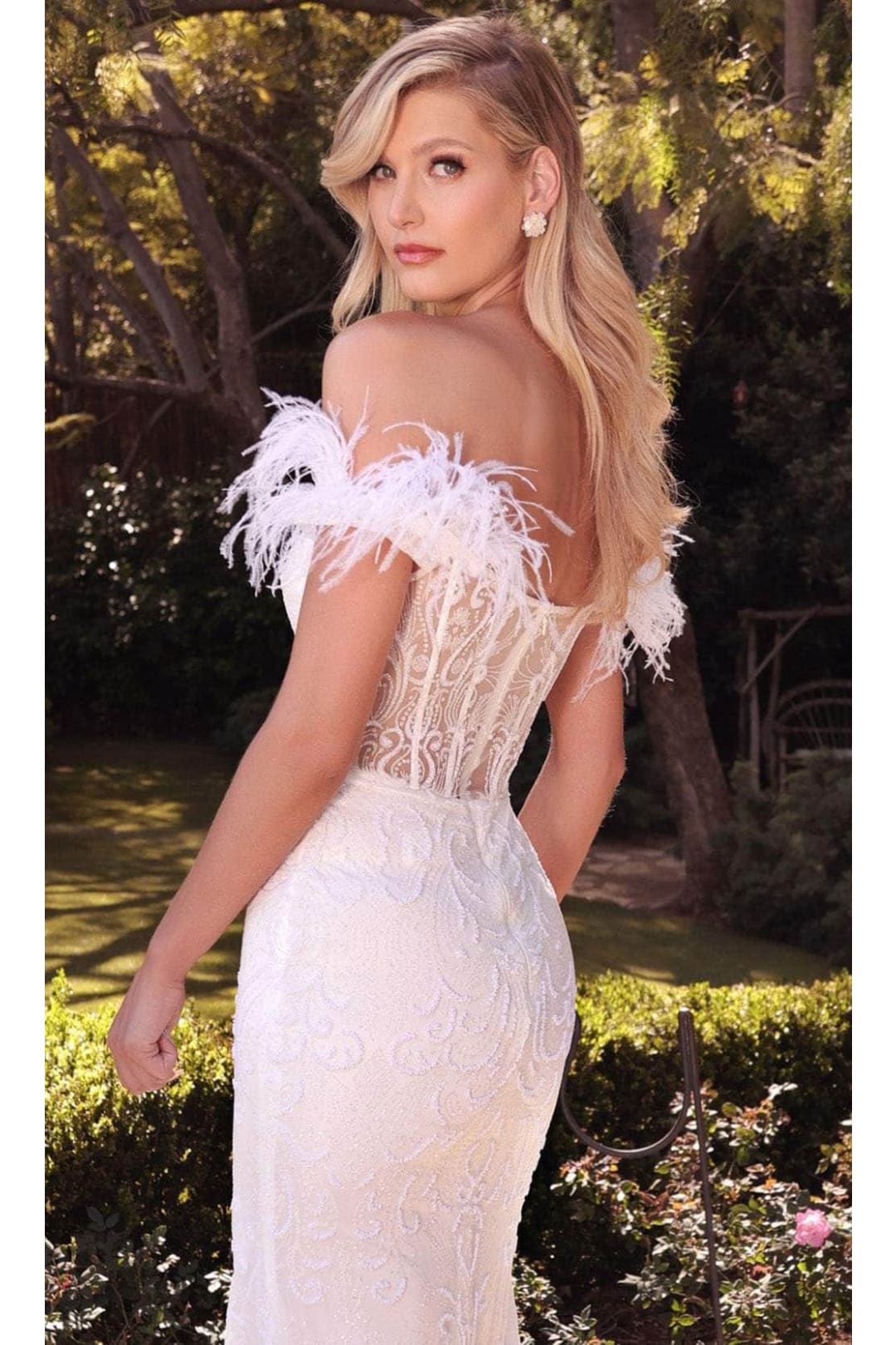 Ladivine J824W - Feathered Off-Shoulder Bridal Gown - Prom