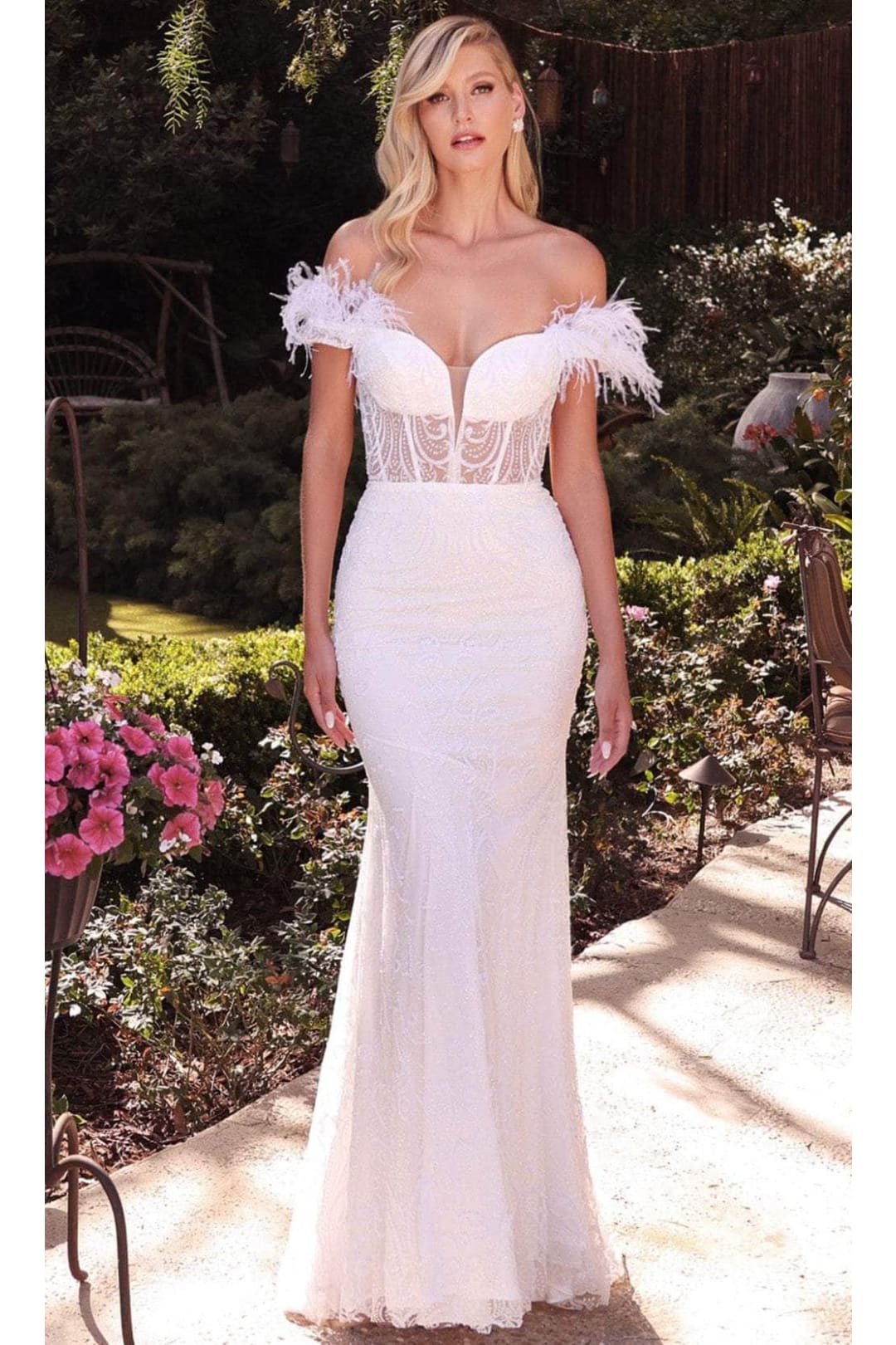 Ladivine J824W - Feathered Off-Shoulder Bridal Gown - Prom