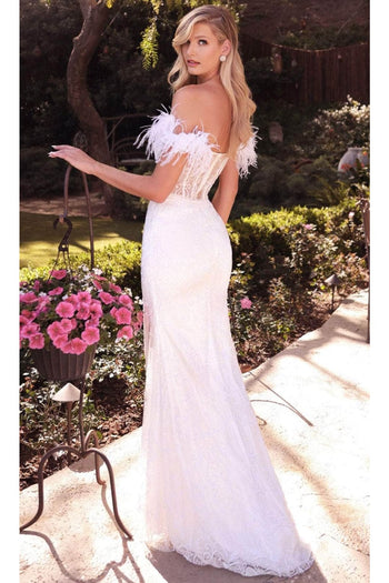 Ladivine J824W - Feathered Off-Shoulder Bridal Gown - Prom