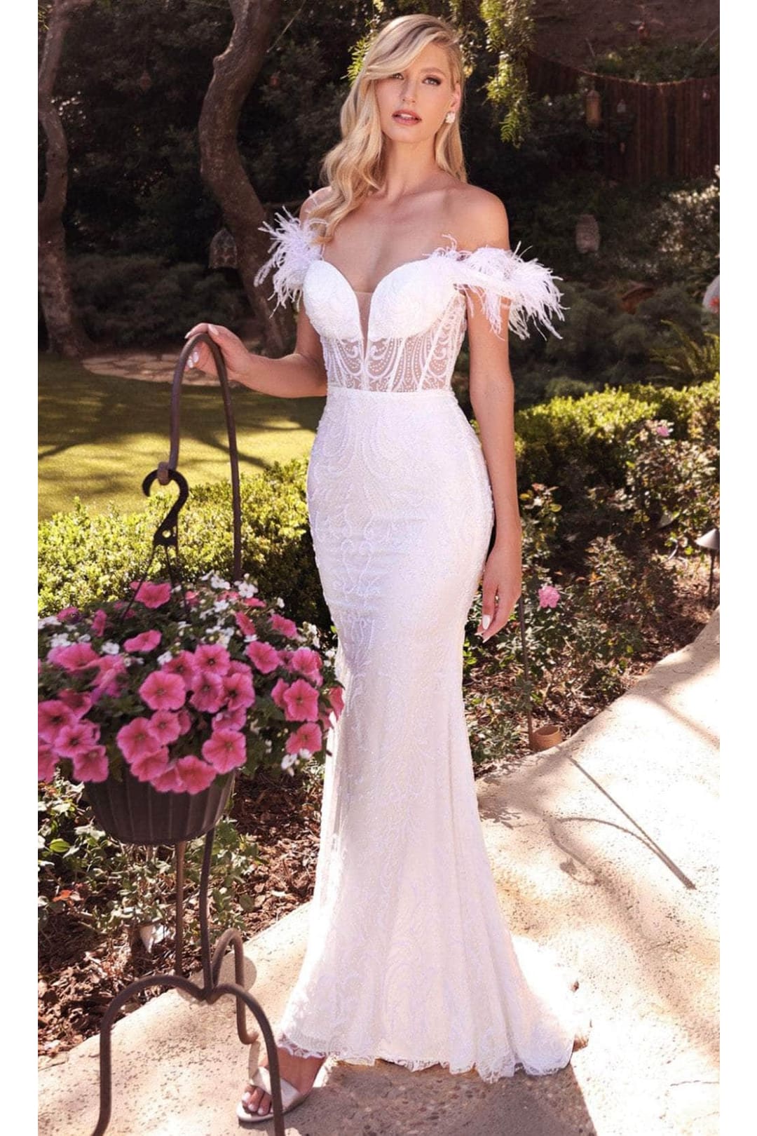 Ladivine J824W - Feathered Off-Shoulder Bridal Gown - Prom