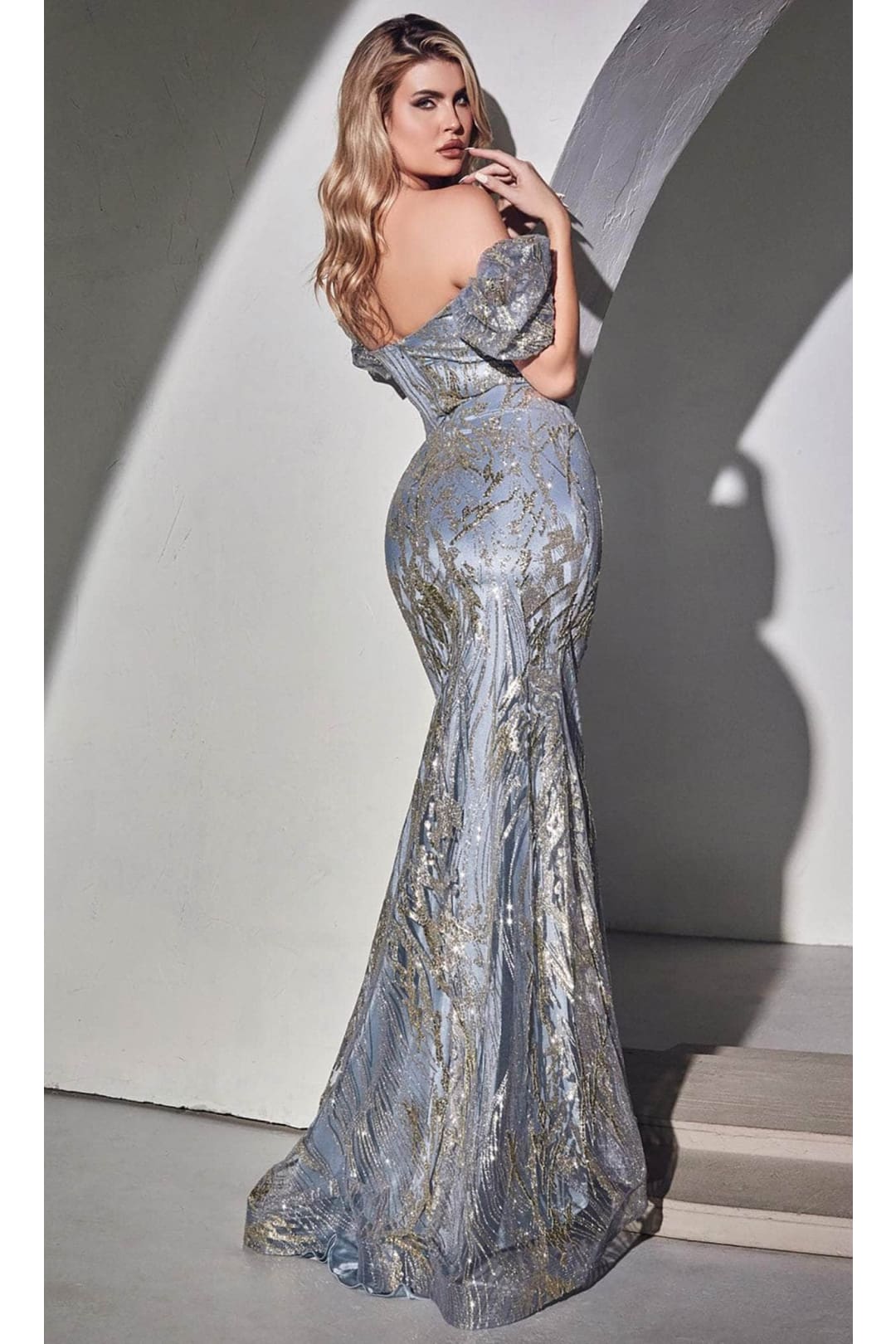 Ladivine J833 - Puff Sleeve Glitter Evening Formal Gown - Prom