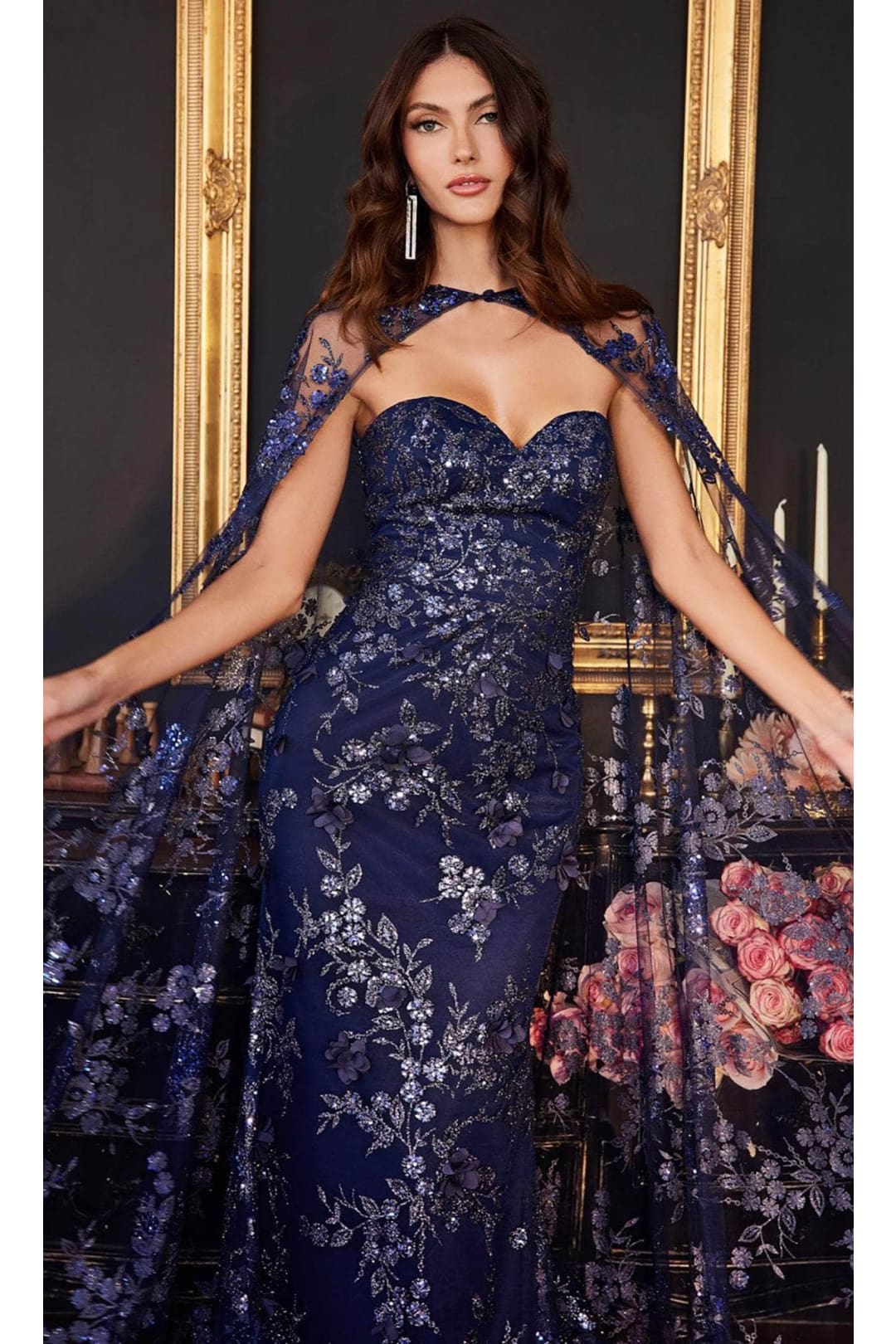 Ladivine J834 - Glitter Cape Prom Evening Dress - Prom