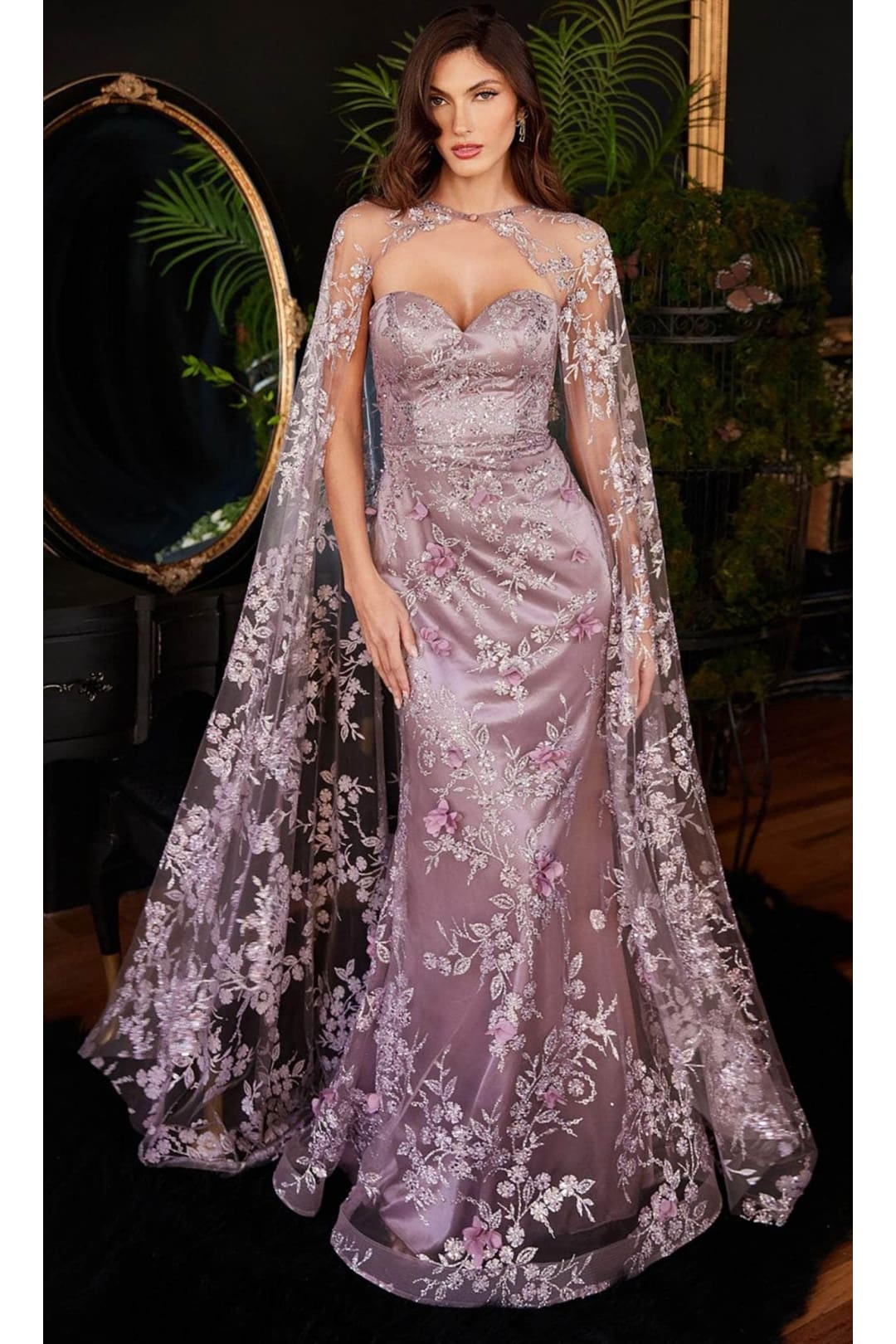 Ladivine J834 - Glitter Cape Prom Evening Dress - Prom