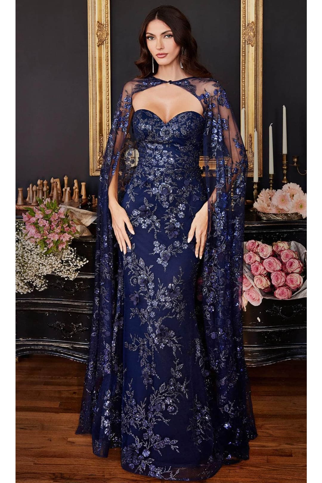 Ladivine J834 - Glitter Cape Prom Evening Dress - Prom