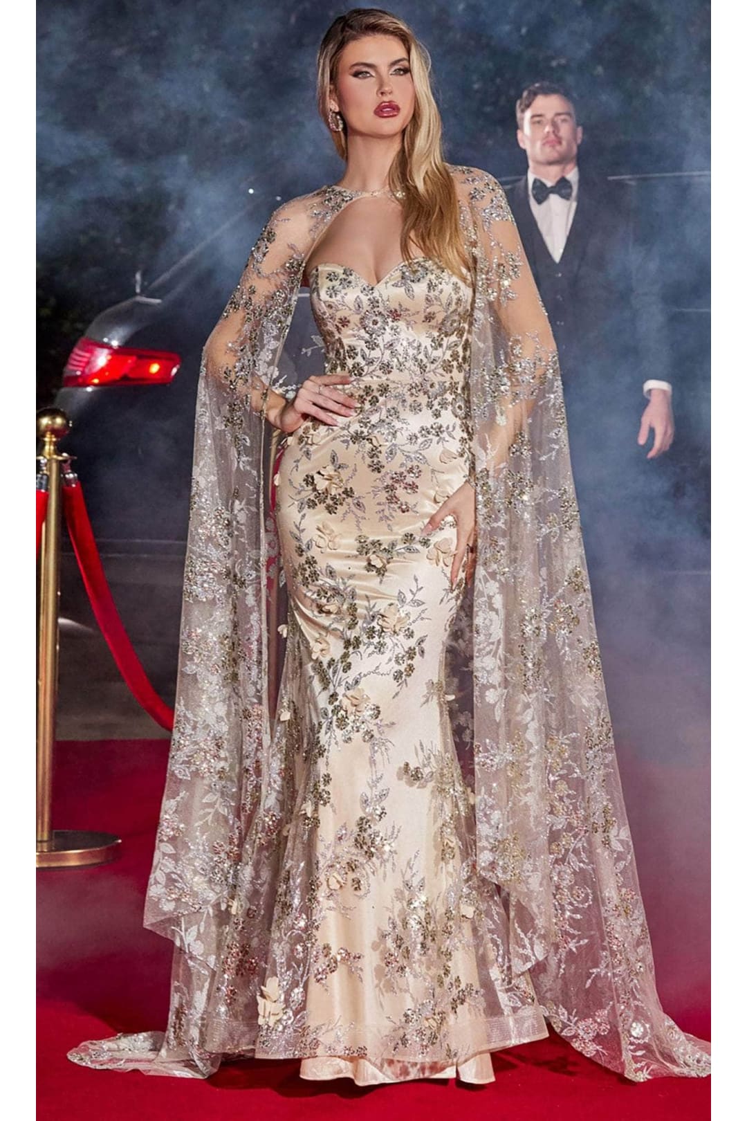 Ladivine J834 - Glitter Cape Prom Evening Dress - Prom