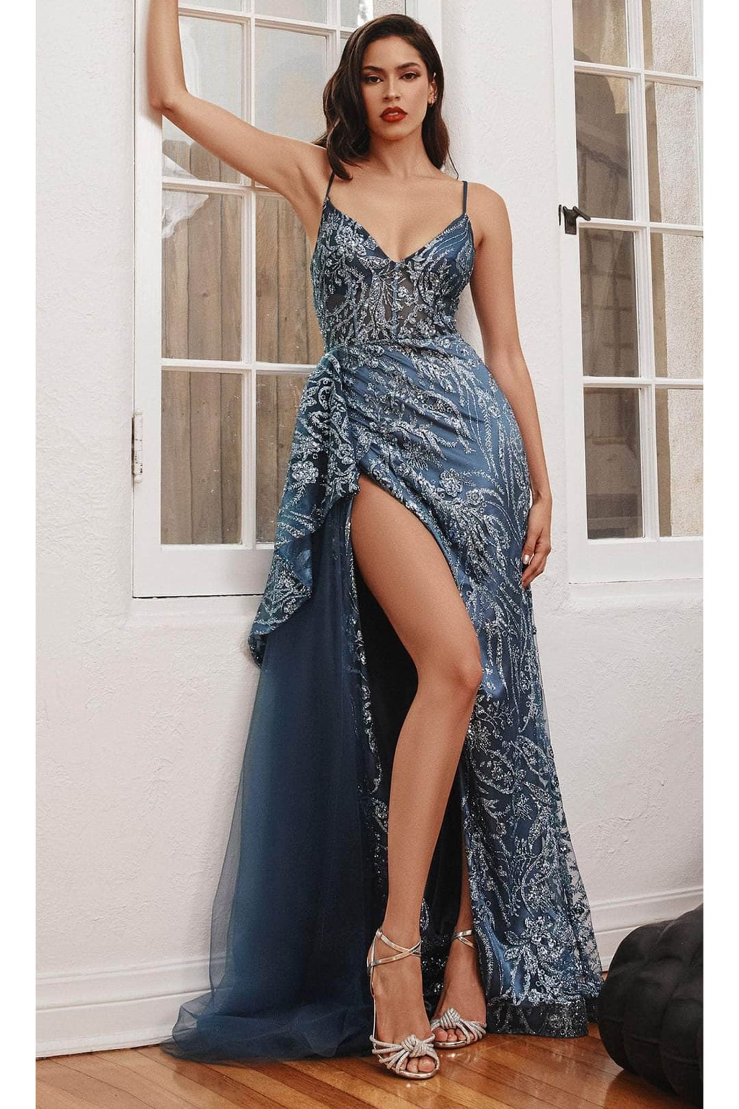 Ladivine J847 - Glitter High Slit Prom Dress - Prom