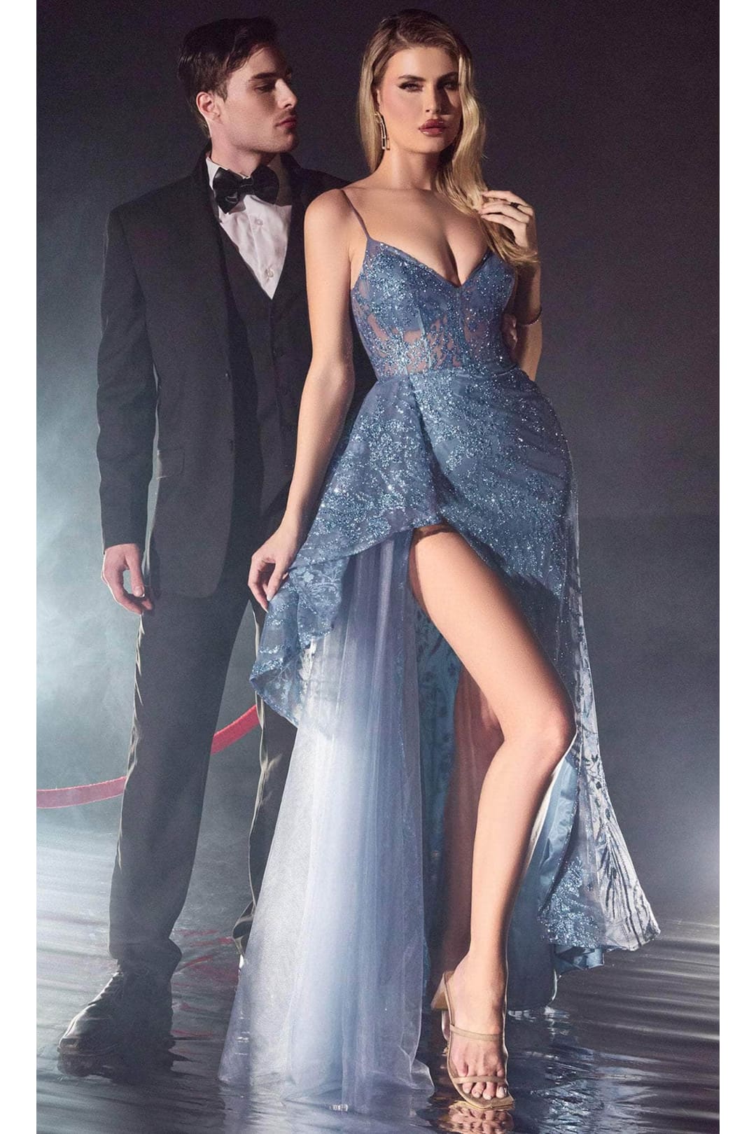 Ladivine J847 - Glitter High Slit Prom Dress - Prom