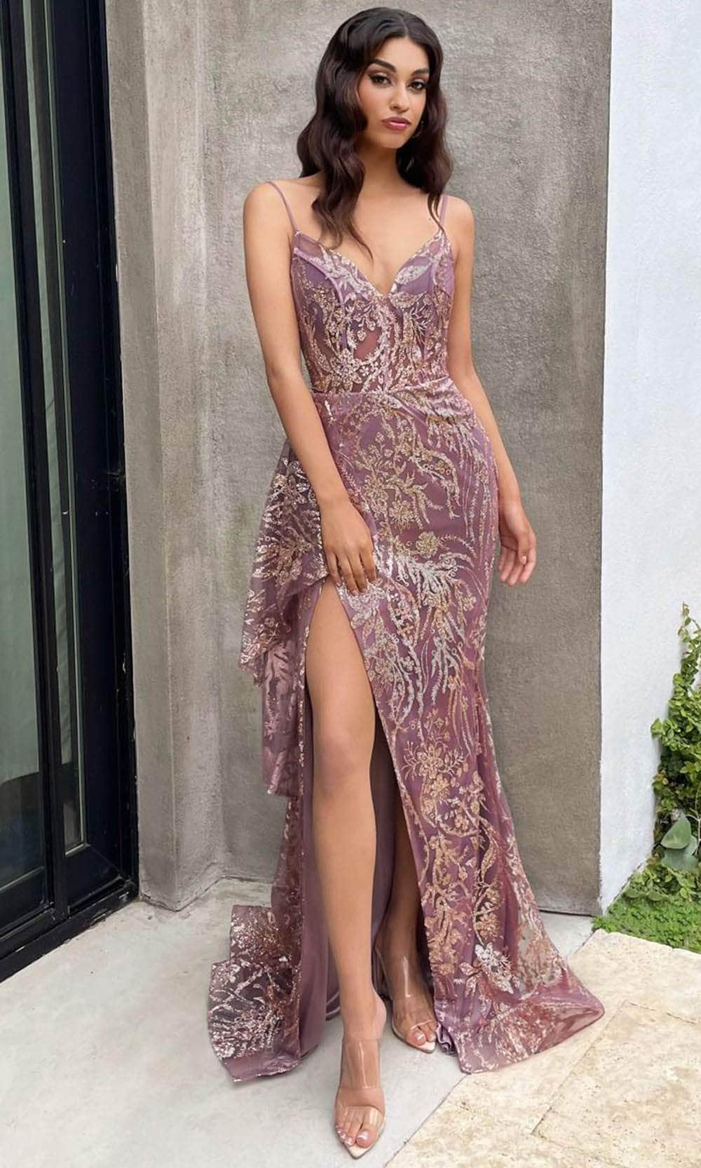 Ladivine J856 - Glitter High Slit Evening Dress - Prom