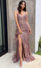 Ladivine J856 - Glitter High Slit Evening Dress - Prom