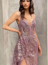 Ladivine J856 - Glitter High Slit Evening Dress