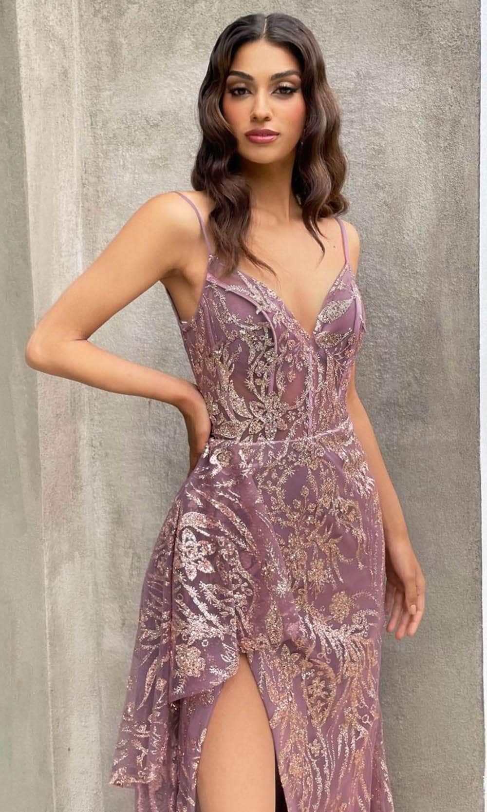 Ladivine J856 - Glitter High Slit Evening Dress - Prom