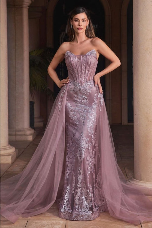 Ladivine J858 Floral Motif Strapless Glitter Mermaid Gala Gown - DUSTY MAUVE / 2 - Dress