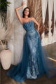 Ladivine J858 Floral Motif Strapless Glitter Mermaid Gala Gown - LAPIS BLUE / 2 - Dress