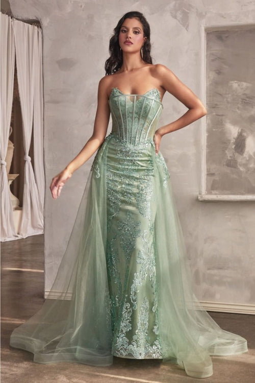Ladivine J858 Floral Motif Strapless Glitter Mermaid Gala Gown - SAGE / 2 - Dress