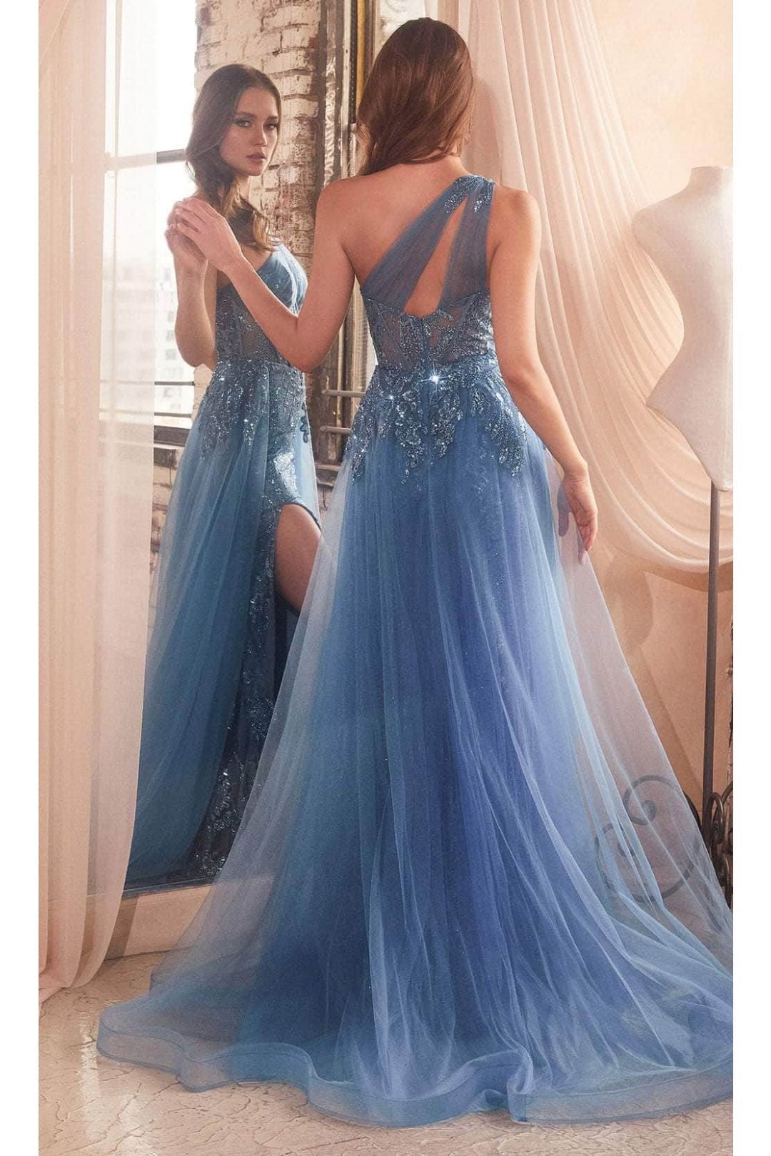 Ladivine J869 - Asymmetric Glitter Sequin Prom Gown - Prom