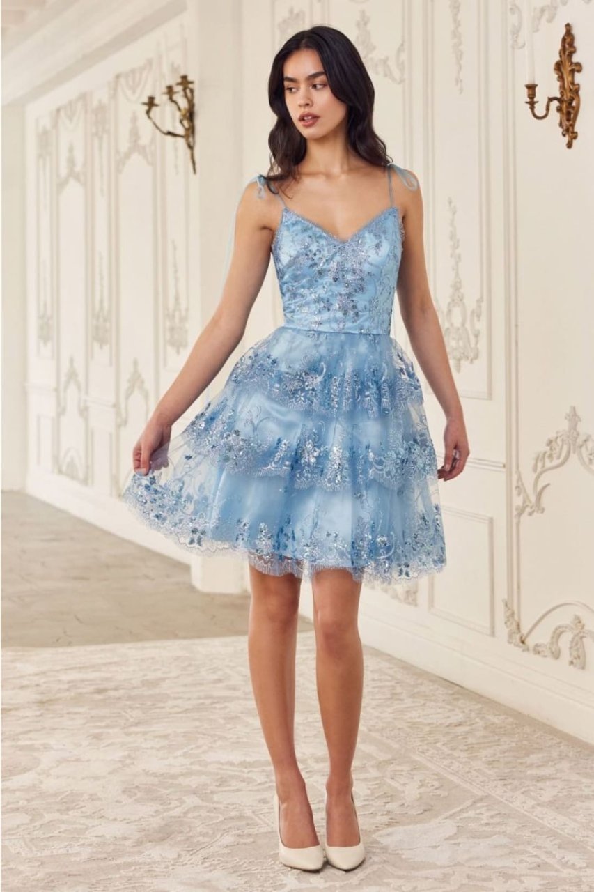 Ladivine KV1090 V-Neck A-Line Tiered Ruffle Hoco Dress - BLUE / XXS - Dress