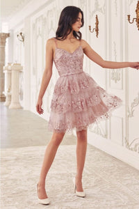 Ladivine KV1090 V-Neck A-Line Tiered Ruffle Hoco Dress - DUSTY ROSE / XXS - Dress