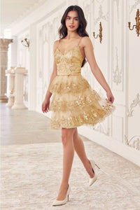 Ladivine KV1090 V-Neck A-Line Tiered Ruffle Hoco Dress - GOLD / XXS - Dress