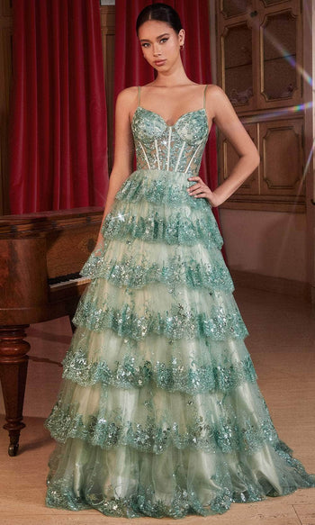 Ladivine KV1108 - Embroidered Tiered A-Line Prom Gown - Prom