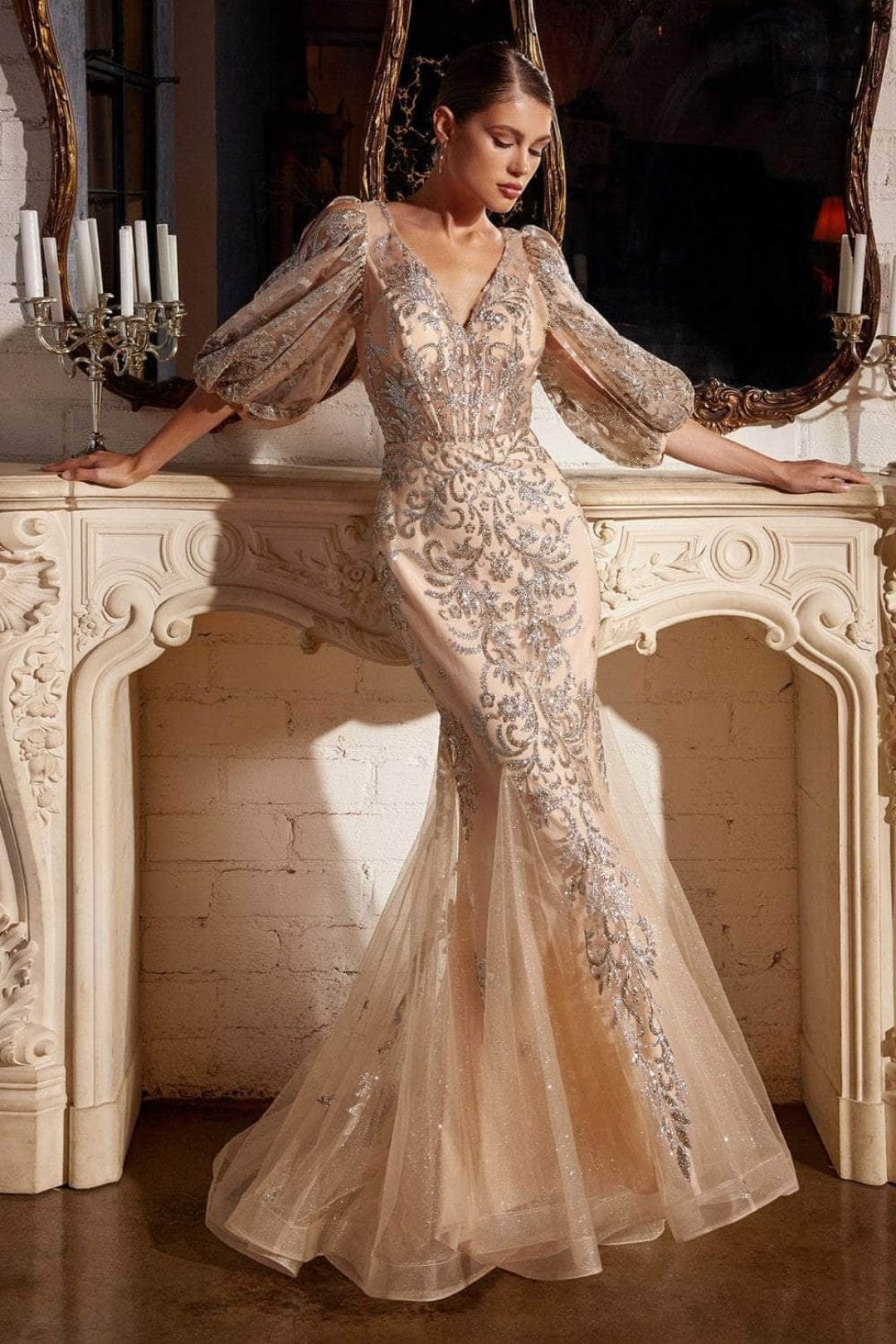 Ladivine OC009 - Glitter Print V-Neck Long Evening Gown - Prom